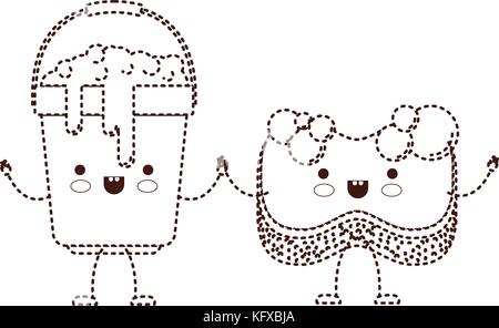 Kawaii cartoon Eimer mit Wasser und Seife und Schwamm, Hände halten in Braun gepunkteten Silhouette Stock Vektor