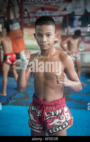 Pepsi während des Trainings, 14 Jahre alt und hat an 90 Kämpfen teilgenommen, Muay thai Camp, Bangkok, Thailand Stockfoto