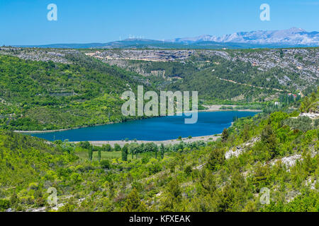 Roški Slap, Nationalpark Krka, Bogatić, Šibensko-Kninska, Dalmatien, Kroatien, Europa. Stockfoto