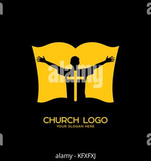 Kirche Logo. christliche Symbole. ein Mann, der Jesus Christus anbetet. Stock Vektor