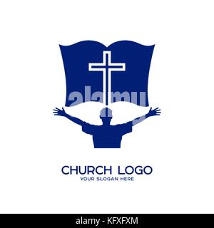 Kirche Logo. christliche Symbole. ein Mann, der Jesus Christus anbetet. Stock Vektor