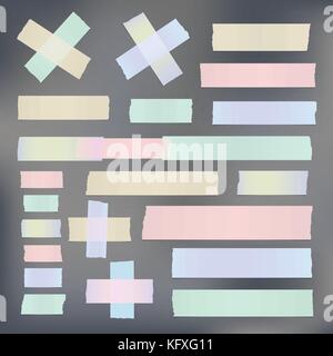 Bunte unterschiedlicher Größe Klebstoff, Klebeband, Papier stücke auf grauem Hintergrund. Stock Vektor