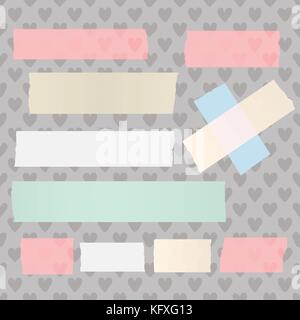 Bunte unterschiedlicher Größe Klebstoff, Klebeband, Papier stücke auf Herz Hintergrund. Stock Vektor