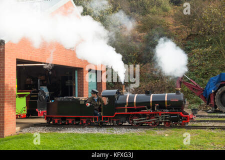 Dampflokomotive "blackmoor r' ein junger Mann auf der saltburn Light Railway gefahren Stockfoto