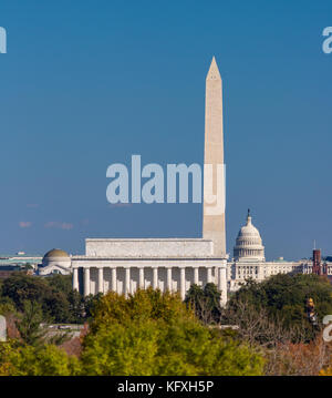 WASHINGTON, DC, USA - Lincoln Memorial, das Washington Monument, US Capitol (L-R). Stockfoto