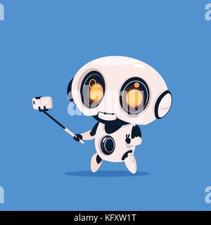 Niedliche Roboter nehmen selfie Foto isolierte Symbol auf blauem Hintergrund moderne Technik der künstlichen Intelligenz Konzept Stock Vektor