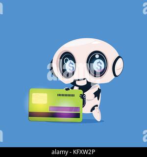 Niedliche Roboter halten Kreditkarte isolierte Symbol auf blauem Hintergrund moderne Technik der künstlichen Intelligenz Konzept Stock Vektor