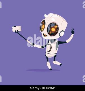 Niedliche Roboter nehmen selfie Foto isolierte Symbol auf blauem Hintergrund moderne Technik der künstlichen Intelligenz Konzept Stock Vektor