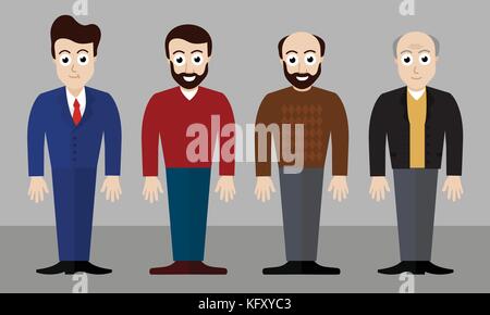 Satz von Vektor-Illustrationen von vier Männern unterschiedlichen Alters Und in verschiedenen Kleidern und mit verschiedenen Frisuren - Flaches Design Stock Vektor