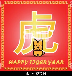 Großen Goldenen chinesische Wort Symbol der chinesischen Sternzeichen Kalender mit niedlichen Zeichentrickfigur für Tiger Jahr auf rotem Hintergrund Stock Vektor