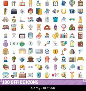 100 Office-Symbole gesetzt, cartoon-Stil Stock Vektor