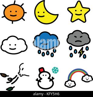 Einfache Linie von bunten Cartoon Wetter Symbole für Illustrator Vektor Grafik Design Konzept Stock Vektor