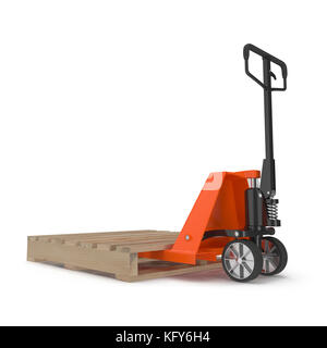 Gabelhubwagen mit Holzpalette auf Weiß 3d Illustration isoliert Stockfoto