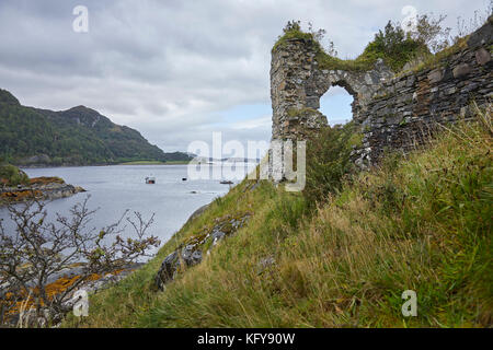 Historischen Ruinen von strome Schloss an der North Strome. von Single Track Road zu ardaneaskan. In der Nähe von lochcarron. Westküste von Schottland Stockfoto