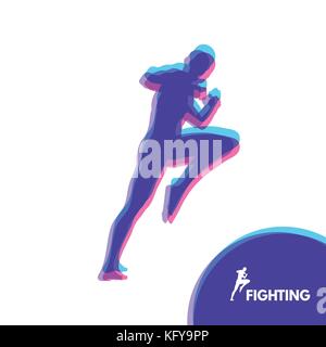 Kickbox fighter Vorbereitung einer High Kick auszuführen. Silhouette einer kämpfenden Menschen. Design Template für Sport Emblem für Ausbildung. Vector Illustration. Stock Vektor