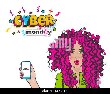 Cyber Monday cute woman Pop Art halten Sie Telefon Stock Vektor