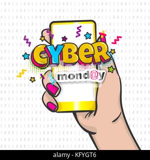 Cyber Monday Frau hand Pop Art halten Sie Telefon Stock Vektor