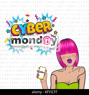 Cyber Monday cute woman Pop Art halten Sie Telefon Stock Vektor