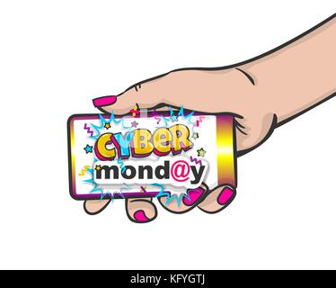 Cyber Monday Frau hand Pop Art halten Sie Telefon Stock Vektor