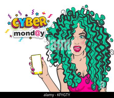 Cyber Monday cute woman Pop Art halten Sie Telefon Stock Vektor