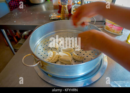 Pokhara, Nepal Oktober 10, 2017: Person kochen ein momo Lebensmittel über eine metallische Fach in der Küche, die Art der Südasiatischen Knödel in Tibet, Nepal, Bhutan und Sikkim in Nepal Stockfoto