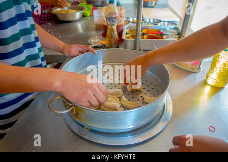 Pokhara, Nepal Oktober 10, 2017: Person kochen ein momo Lebensmittel über eine metallische Fach in der Küche, die Art der Südasiatischen Knödel in Tibet, Nepal, Bhutan und Sikkim in Nepal Stockfoto