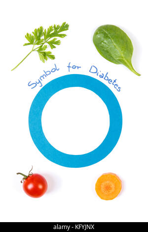 Frisches Gemüse und Blü Circle Papier als Symbol der Welt diabetes Tag und die Bekämpfung von Krankheiten, Konzept der gesunden Ernährung Stockfoto