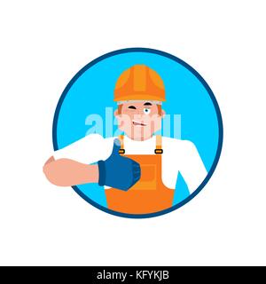 Builder Daumen hoch. Arbeiter in Schutzhelm winks Emoji. service Arbeitnehmer serviceman Heiter. Vector Illustration Stock Vektor