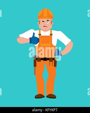 Builder Daumen hoch. Arbeiter in Schutzhelm winks Emoji. service Arbeitnehmer serviceman Heiter. Vector Illustration Stock Vektor