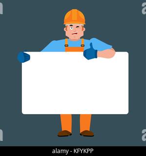 Builder holding Banner leer. Arbeiter in Schutzhelm und weiß leer. Veteran freudige Emotion. Platz für Text. Vector Illustration Stock Vektor