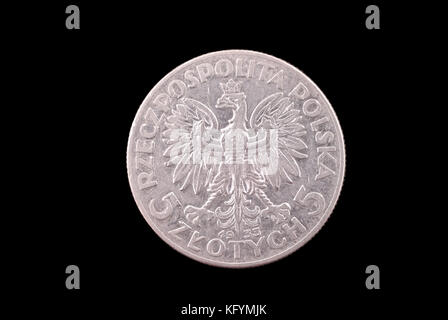 Polnische alte Silbermünze (Queen yadviga, 5 Zloty, 1933). in die Stellung REVERSE (Rückwärtsgang) (der Münze). Stockfoto