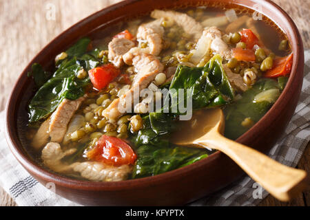 Philippinische Suppe von Bohnen mung mit Schweinefleisch closeup in einer Schüssel auf dem Tisch. Horizontale Stockfoto