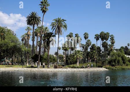 Leute sitzen auf einer Parkbank mit hohen Palmen am Rande des Echo Park See im Osten von Los Angeles, Kalifornien, USA KATHY DEWITT Stockfoto