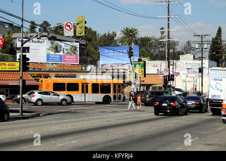 Los Angeles Metro Bus an Ampeln und Fußgänger Straße am Sunset Boulevard im Echo Park in der Nähe von Silver Lake Los Angeles KATHY DEWITT Stockfoto