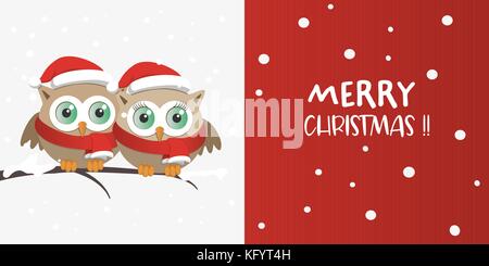 Paar Eulen mit Santa Claus Hut auf eine Zweigniederlassung, die in einem verschneiten Tag. Frohe Weihnachten englische Banner Stock Vektor
