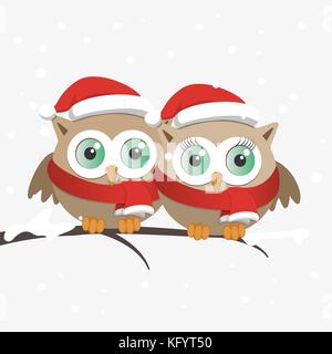 Paar Eulen mit Santa Claus Hut auf einem Zweig. Weihnachten Vector Illustration Stock Vektor