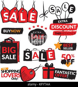 Der flache moderne und Hand gezeichnet design Verkauf Aufkleber. Sammlung von Vektorgrafiken für Online Shopping, Werbeveranstaltungen, website Abzeichen, ein Stock Vektor