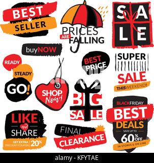 Der flache moderne und Hand gezeichnet design Verkauf Aufkleber. Sammlung von Vektorgrafiken für Online Shopping, Werbeveranstaltungen, website Abzeichen, ein Stock Vektor