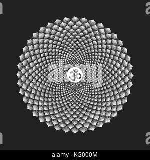 Vektor 7 primäre Krone Sahasrara Chakra sanskrit Saatgut Mantra Om Hinduismus Silbe tausend Lotusblüten. dot Arbeiten tattoo Hand gezeichneten weißen Symb Stock Vektor