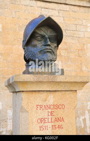 Büste Skulptur Amazonas explorer Francisco de Orellana, 1511-1546, Trujillo, Provinz Caceres, Extremadura, Spanien Stockfoto