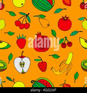 Nahtlose Muster mit süßen Früchten und Beeren Essen, Obst. Nahtlose Textur. Doodle, cartoon Zeichnung. Vector Illustration Stock Vektor