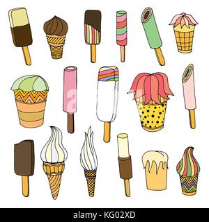 Sammlung von Cute Vector hand cartoon Eis gezeichnet. Kegel und Eis mit verschiedenen Geschmacksrichtungen in doodle Stil. Stock Vektor