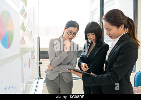 Professionelle junge weibliche Arbeit Team stand vor der Tafel und mit Mobile pad Computer anzeigen Dokument zur Diskussion. Stockfoto