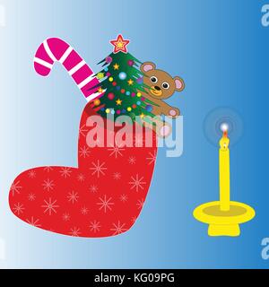 Weihnachten Socke mit einem Geschenk und eine brennende Kerze isoliert Farbverlauf Hintergrund. Stock Vektor