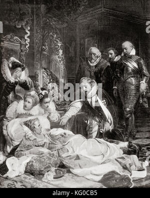 Der Tod von Königin Elisabeth I. am 24. März 1603. Elisabeth I., 1533–1603, auch bekannt als die Jungfrau Königin, Gloriana oder Gute Königin Bess. Königin von England und Irland. Aus Hutchinsons Geschichte der Nationen, veröffentlicht 1915. Stockfoto
