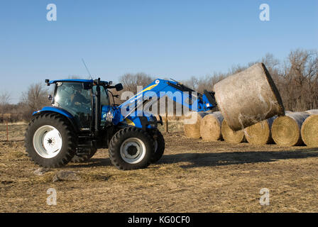 New Holland T6030 Traktor herauf runde Heuballen mit neuen 840Tl Frontlader auf einer Ranch Stockfoto