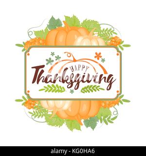 Thanksgiving Typografie. Happy Thanksgiving Day - Handbemalte Schriftzug mit stilisierten Kürbisse und Blätter in Pastellfarben perfekt für thanksgiving Tag. thanksgiving Design für Karten, Drucke und vieles mehr. Stock Vektor