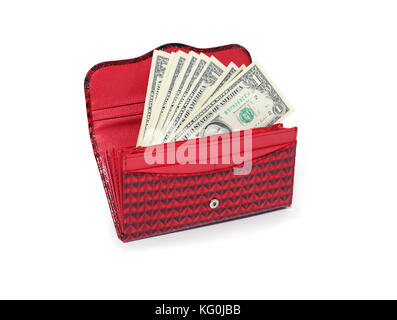 Paar 1 Dollar Noten innerhalb der Roten offenen Change Geldbeutel. isoliert auf Weiss mit Freistellungspfad Stockfoto