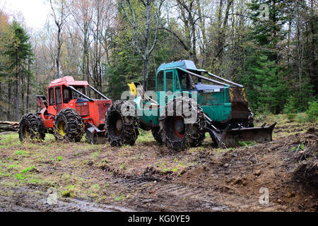 Zwei Timberjack log Skidder auf einer Anlandung in den Adirondack Mountains anmelden geparkt. Stockfoto