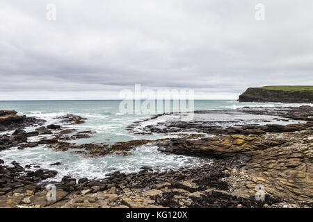 Die wilden Curio Bay Klippen in den Catlins Bereich durch die Tasmanische See in Neuseeland Südinsel in der Nähe der Stadt Invercargill Stockfoto